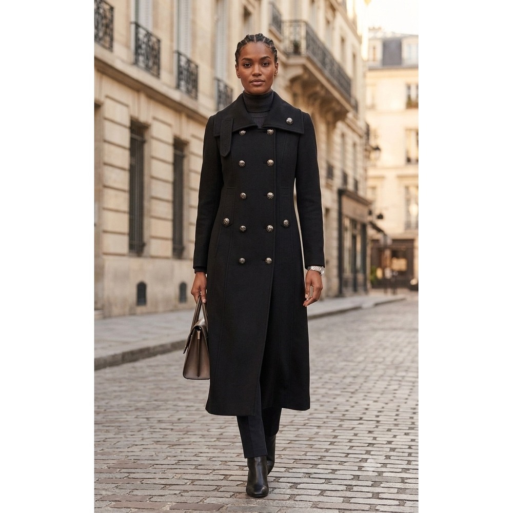 Calvin Klein Black Double Breasted Wool Blend Military Long Coat 10 Quiet Luxury